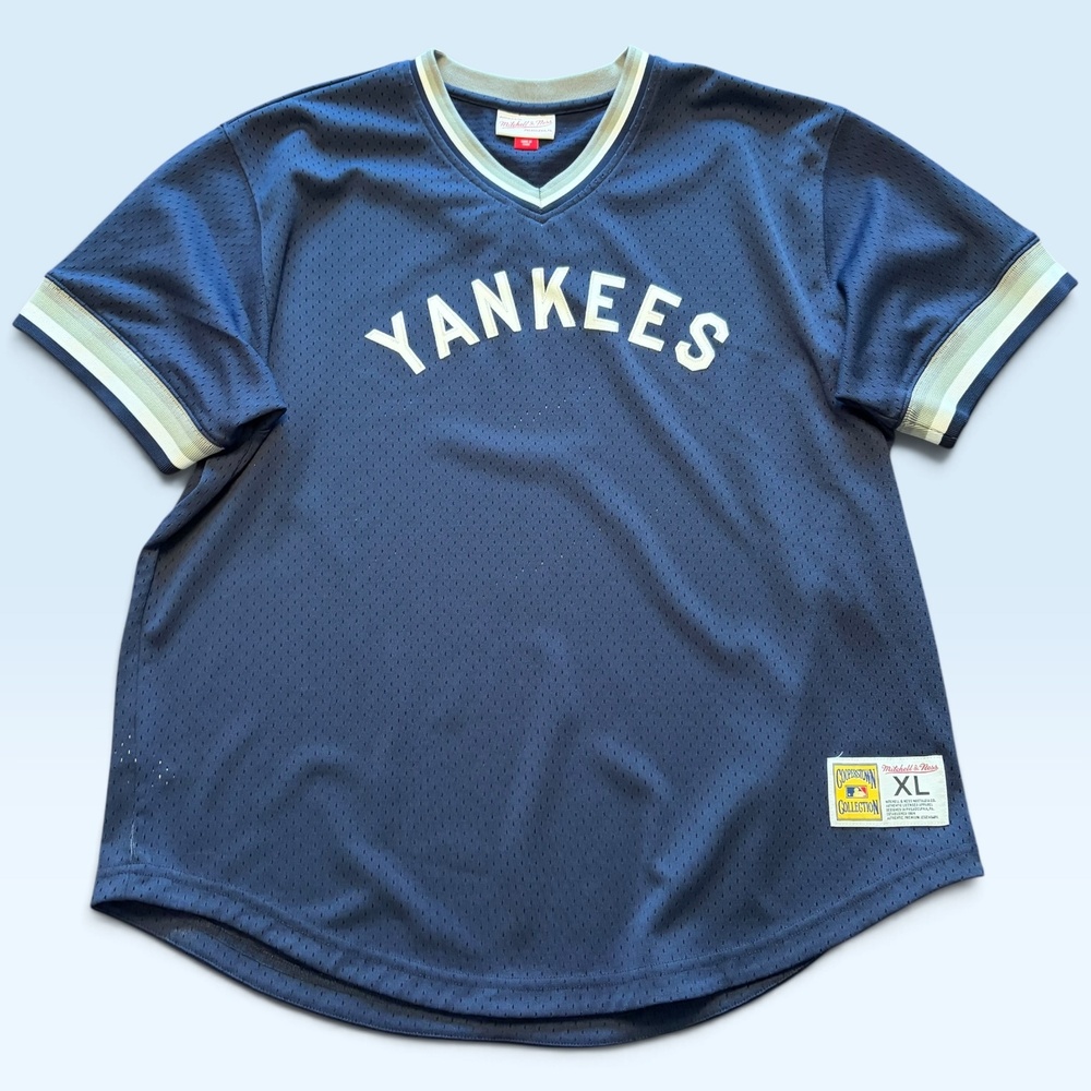 New York Yankees Jersey Mens XL Blue MLB Baseball Mitchell & Ness Mesh V-Neck